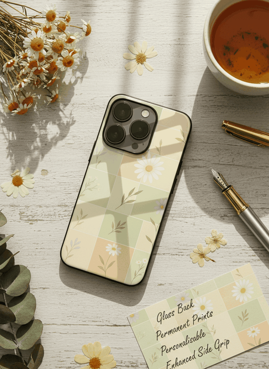 Sage Grid Pattern Premium Glass Back Cover For iPhone 11,12,13,14,15,16,17 Models The Case & Co