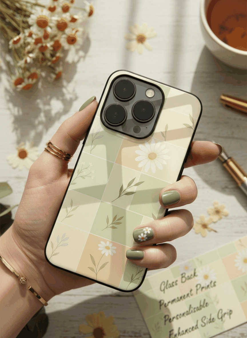 Sage Grid Pattern Premium Glass Back Cover For iPhone 11,12,13,14,15,16,17 Models The Case & Co