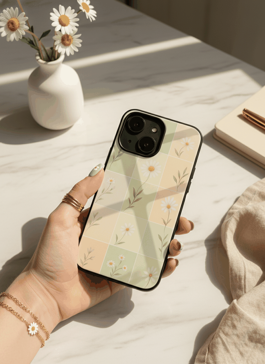Sage Grid Pattern Premium Glass Back Cover For iPhone 11,12,13,14,15,16,17 Models The Case & Co
