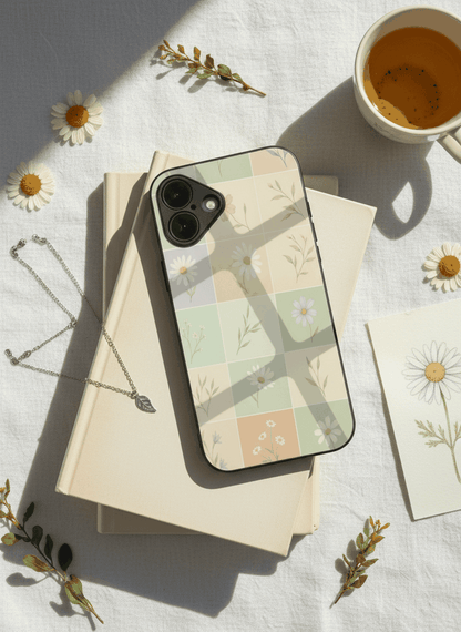Sage Grid Pattern Premium Glass Back Cover For iPhone 11,12,13,14,15,16,17 Models The Case & Co