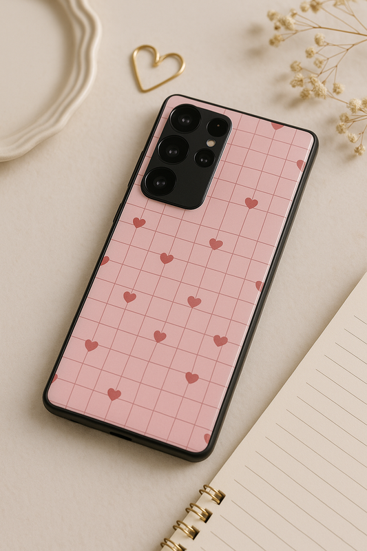 Scrap Book Hearts Premium Glass Back Cover For Galaxy S, A, M & F Series The Case & Co