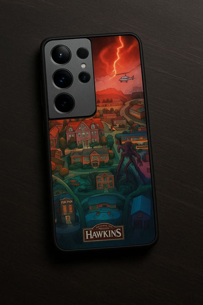 STRANGER THINGS- Hawkins Cinematic Map Premium Glass Back Cover For Galaxy S, A, M & F Series The Case & Co