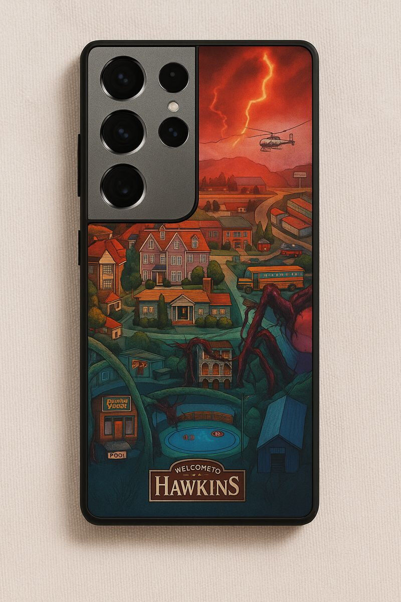 STRANGER THINGS- Hawkins Cinematic Map Premium Glass Back Cover For Galaxy S, A, M & F Series The Case & Co