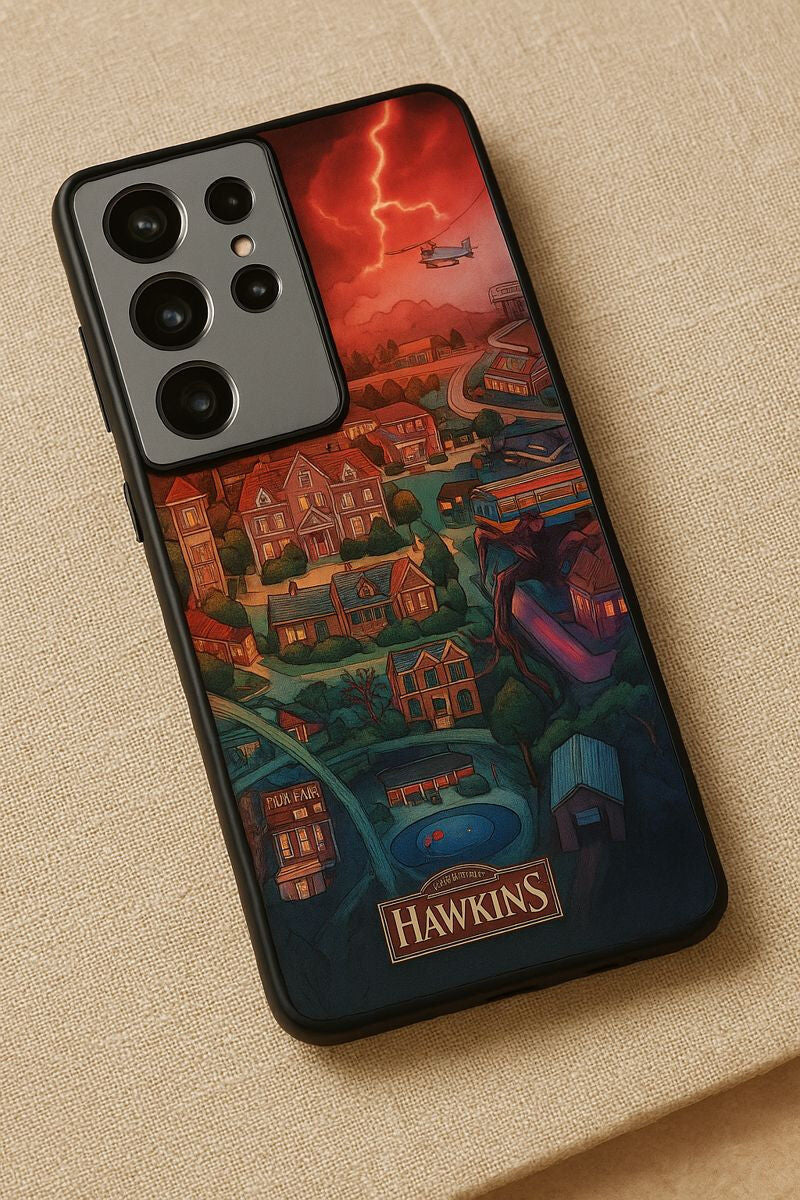 STRANGER THINGS- Hawkins Cinematic Map Premium Glass Back Cover For Galaxy S, A, M & F Series The Case & Co