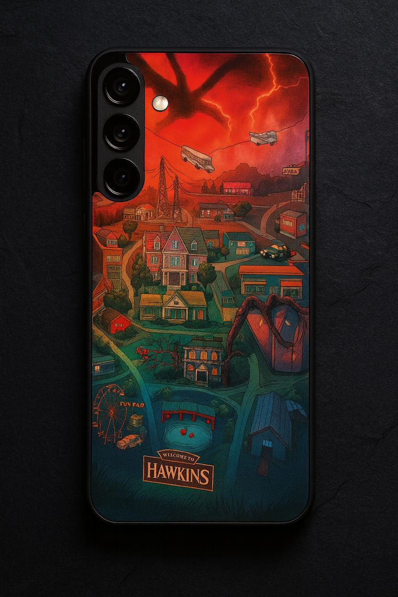 STRANGER THINGS- Hawkins Cinematic Map Premium Glass Back Cover For Galaxy S, A, M & F Series The Case & Co