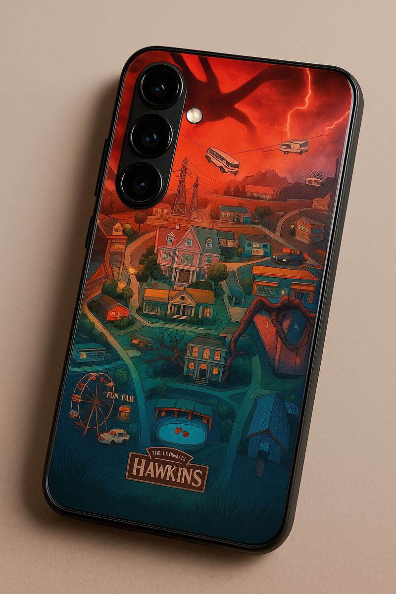 STRANGER THINGS- Hawkins Cinematic Map Premium Glass Back Cover For Galaxy S, A, M & F Series The Case & Co