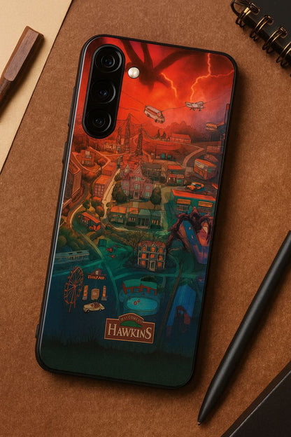 STRANGER THINGS- Hawkins Cinematic Map Premium Glass Back Cover For Galaxy S, A, M & F Series The Case & Co