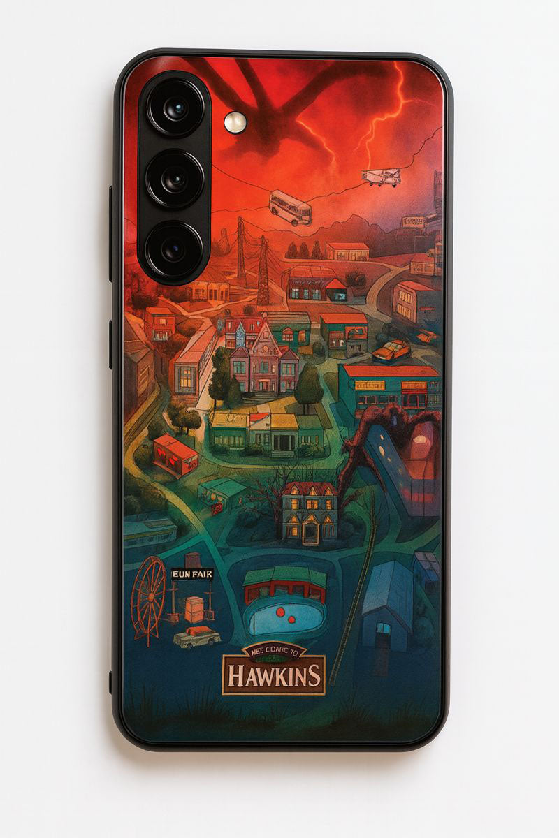 STRANGER THINGS- Hawkins Cinematic Map Premium Glass Back Cover For Galaxy S, A, M & F Series The Case & Co