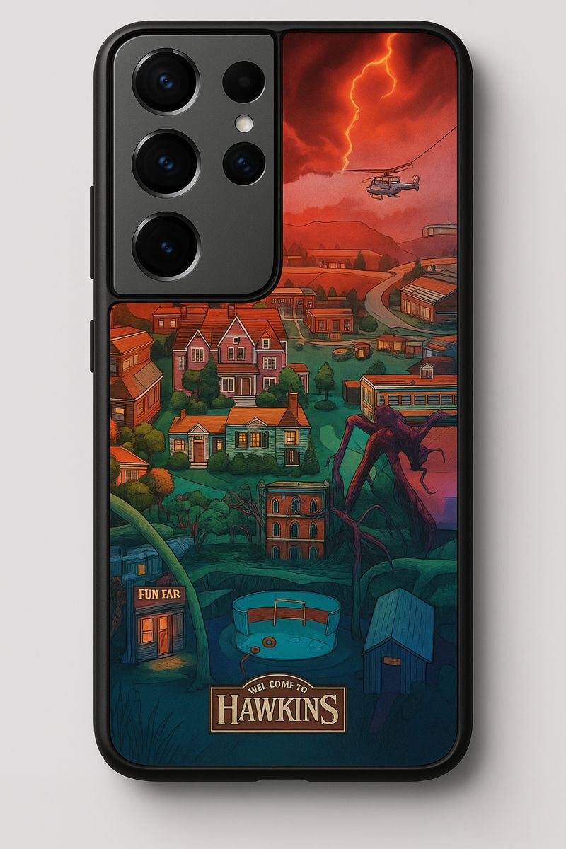 STRANGER THINGS- Hawkins Cinematic Map Premium Glass Back Cover For Galaxy S, A, M & F Series The Case & Co