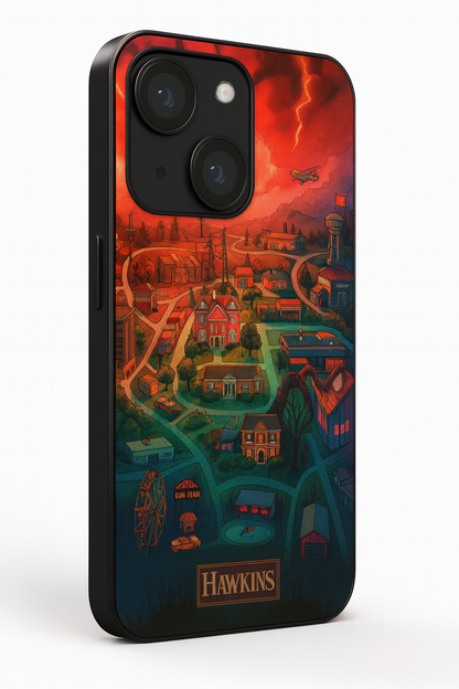 STRANGER THINGS- Hawkins Cinematic Map Premium Glass Back Cover For iPhone 11,12,13,14,15,16,17 Models The Case & Co
