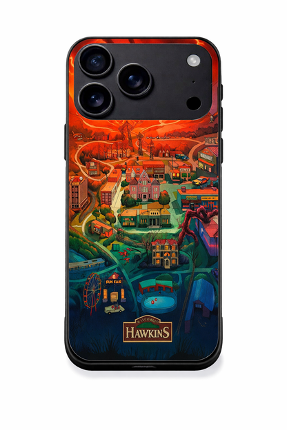 STRANGER THINGS- Hawkins Cinematic Map Premium Glass Back Cover For iPhone 11,12,13,14,15,16,17 Models The Case & Co
