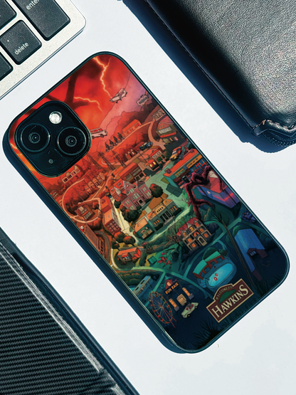 STRANGER THINGS- Hawkins Cinematic Map Premium Glass Back Cover For iPhone 11,12,13,14,15,16,17 Models The Case & Co