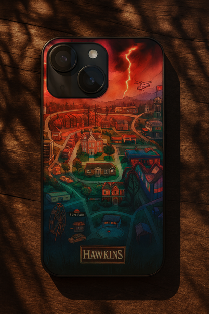 STRANGER THINGS- Hawkins Cinematic Map Premium Glass Back Cover For iPhone 11,12,13,14,15,16,17 Models The Case & Co