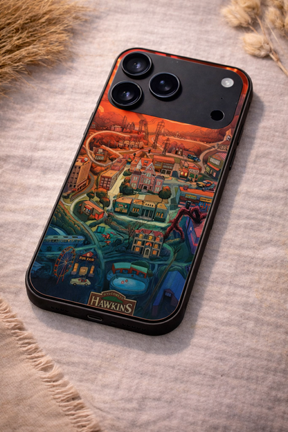 STRANGER THINGS- Hawkins Cinematic Map Premium Glass Back Cover For iPhone 11,12,13,14,15,16,17 Models The Case & Co
