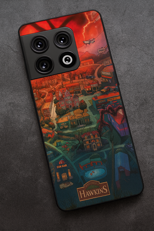 STRANGER THINGS- Hawkins Cinematic Map Premium Glass Back Cover For One Plus 13, 12, 11, 10, Nord Series The Case & Co