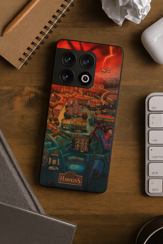 STRANGER THINGS- Hawkins Cinematic Map Premium Glass Back Cover For One Plus 13, 12, 11, 10, Nord Series The Case & Co