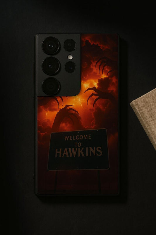 STRANGER THINGS- Inferno Of Hawkins Premium Glass Back Cover For Galaxy S, A, M & F Series The Case & Co