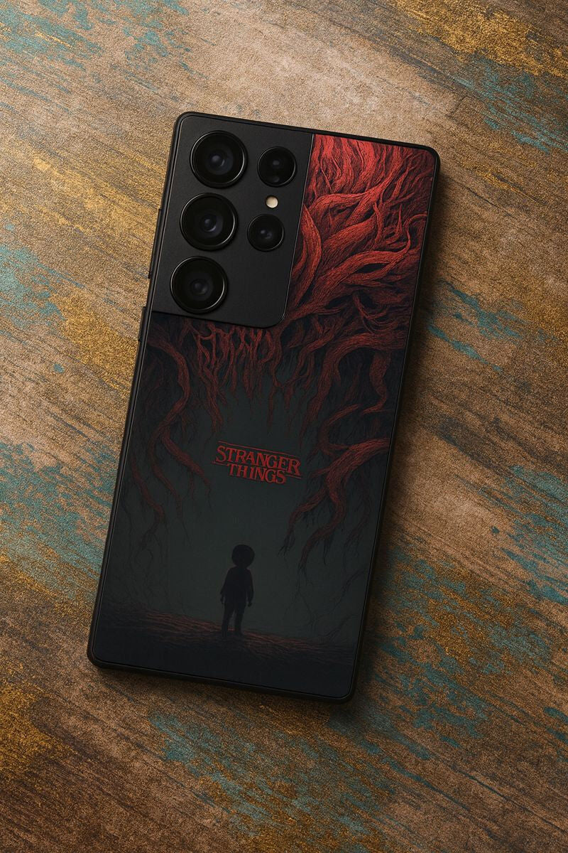 STRANGER THINGS- Stranger Dark Roots Premium Glass Back Cover For Galaxy S, A, M & F Series The Case & Co