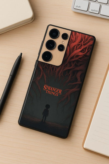 STRANGER THINGS- Stranger Dark Roots Premium Glass Back Cover For Galaxy S, A, M & F Series The Case & Co