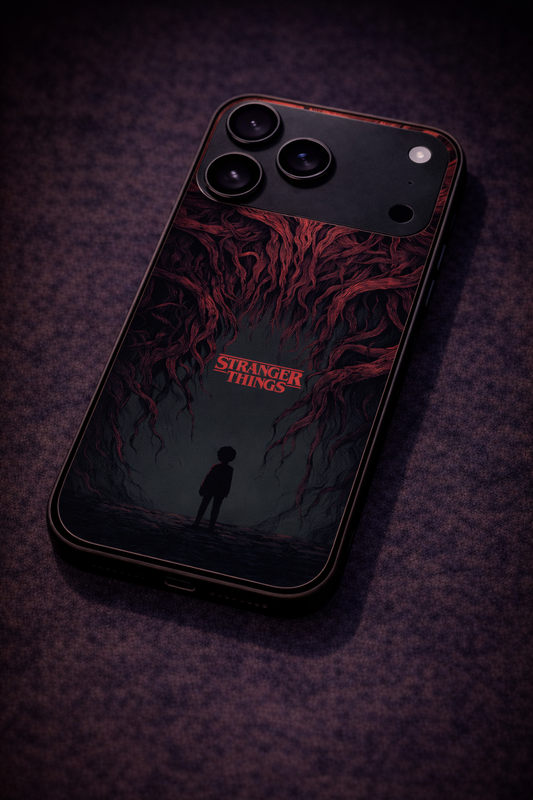 STRANGER THINGS- Stranger Dark Roots Premium Glass Back Cover For iPhone 11,12,13,14,15,16,17 Models The Case & Co