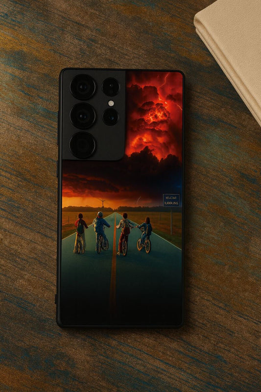 STRANGER THINGS- The Four Riders Premium Glass Back Cover For Galaxy S, A, M & F Series The Case & Co