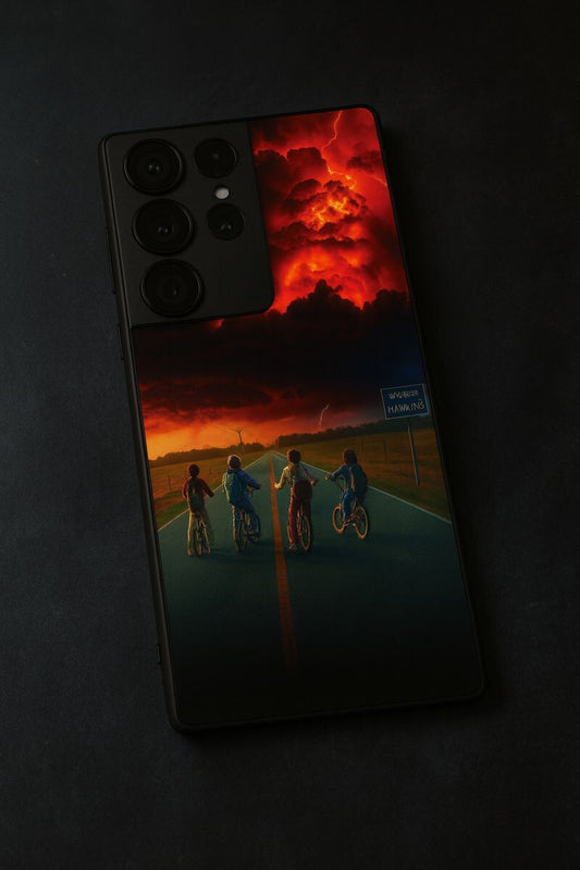 STRANGER THINGS- The Four Riders Premium Glass Back Cover For Galaxy S, A, M & F Series The Case & Co