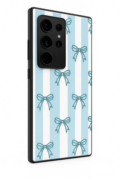 Stripy Blue Bows Premium Glass Back Cover For Galaxy S, A, M & F Series The Case & Co