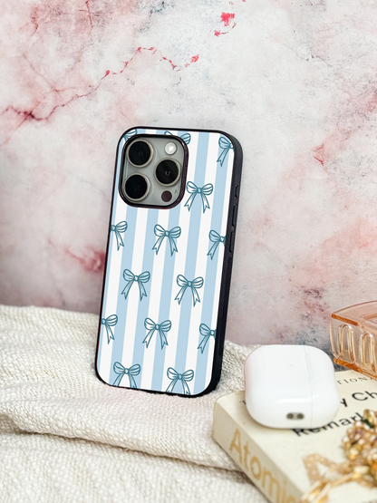 Stripy Blue Bows Premium Glass Back Cover For iPhone 11,12,13,14,15,16,17 Models The Case & Co