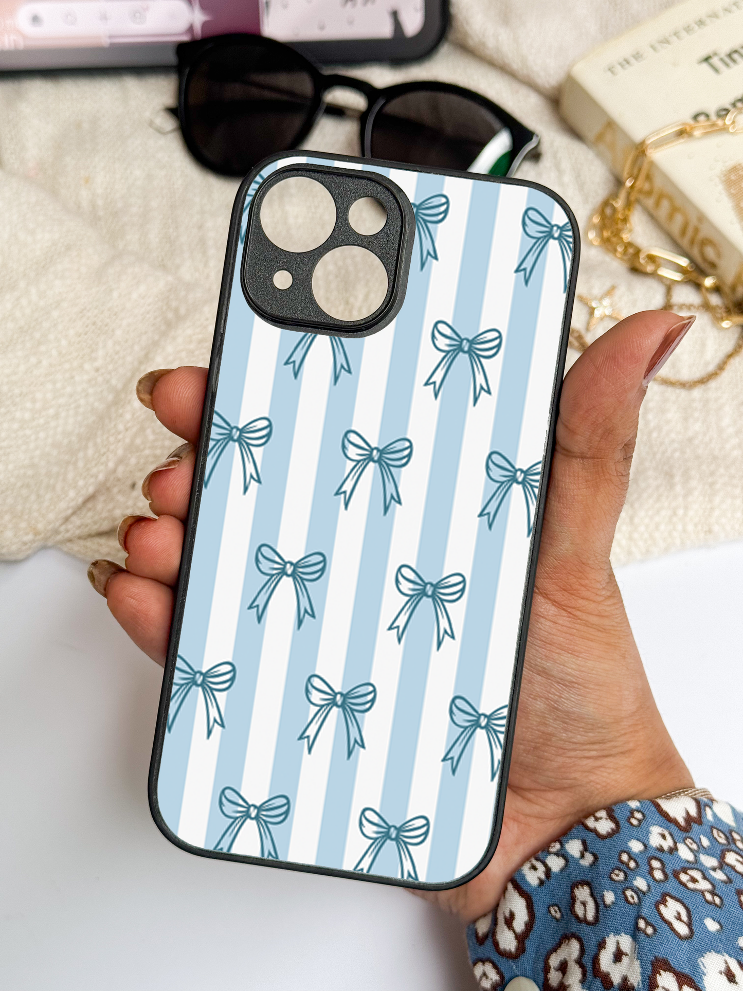 Stripy Blue Bows Premium Glass Back Cover For iPhone 11,12,13,14,15,16,17 Models The Case & Co