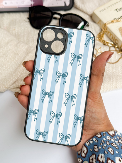 Stripy Blue Bows Premium Glass Back Cover For iPhone 11,12,13,14,15,16,17 Models The Case & Co
