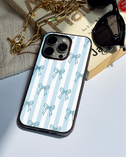 Stripy Blue Bows Premium Glass Back Cover For iPhone 11,12,13,14,15,16,17 Models The Case & Co