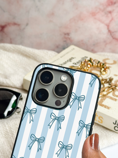 Stripy Blue Bows Premium Glass Back Cover For iPhone 11,12,13,14,15,16,17 Models The Case & Co