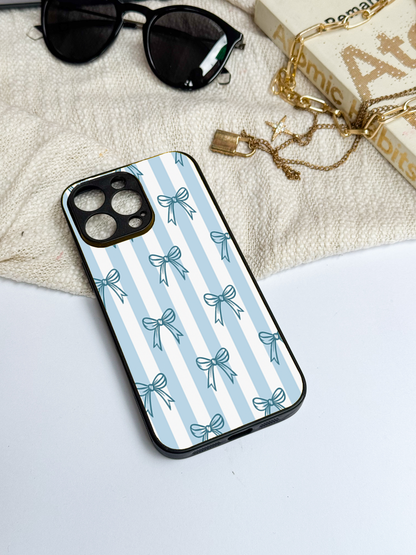 Stripy Blue Bows Premium Glass Back Cover For iPhone 11,12,13,14,15,16,17 Models The Case & Co
