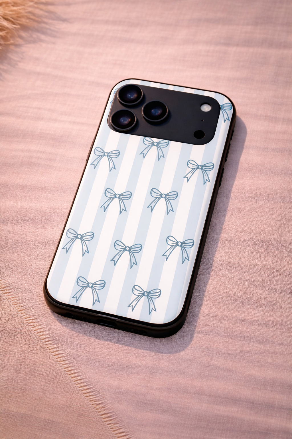 Stripy Blue Bows Premium Glass Back Cover For iPhone 11,12,13,14,15,16,17 Models The Case & Co