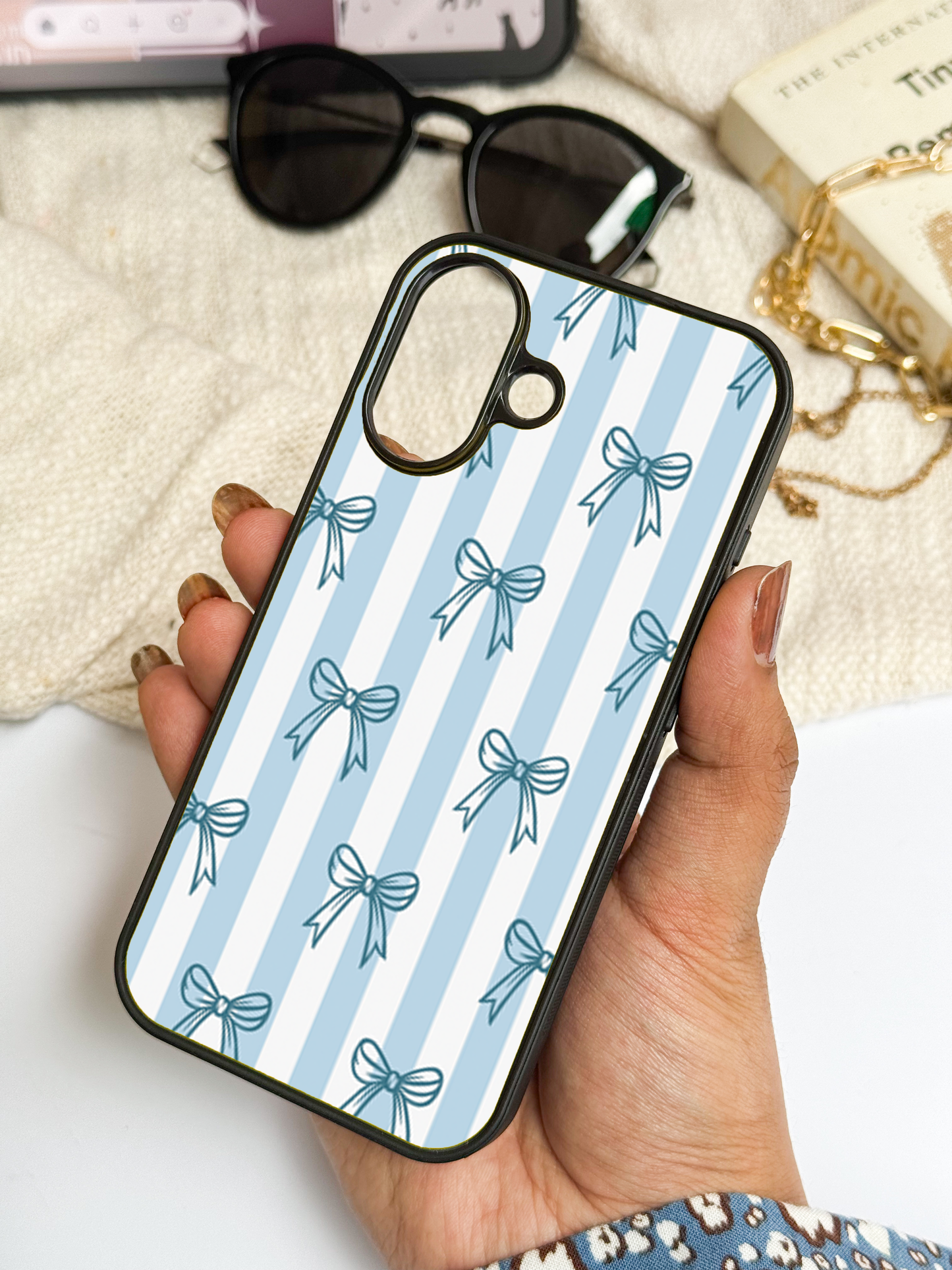 Stripy Blue Bows Premium Glass Back Cover For iPhone 11,12,13,14,15,16,17 Models The Case & Co