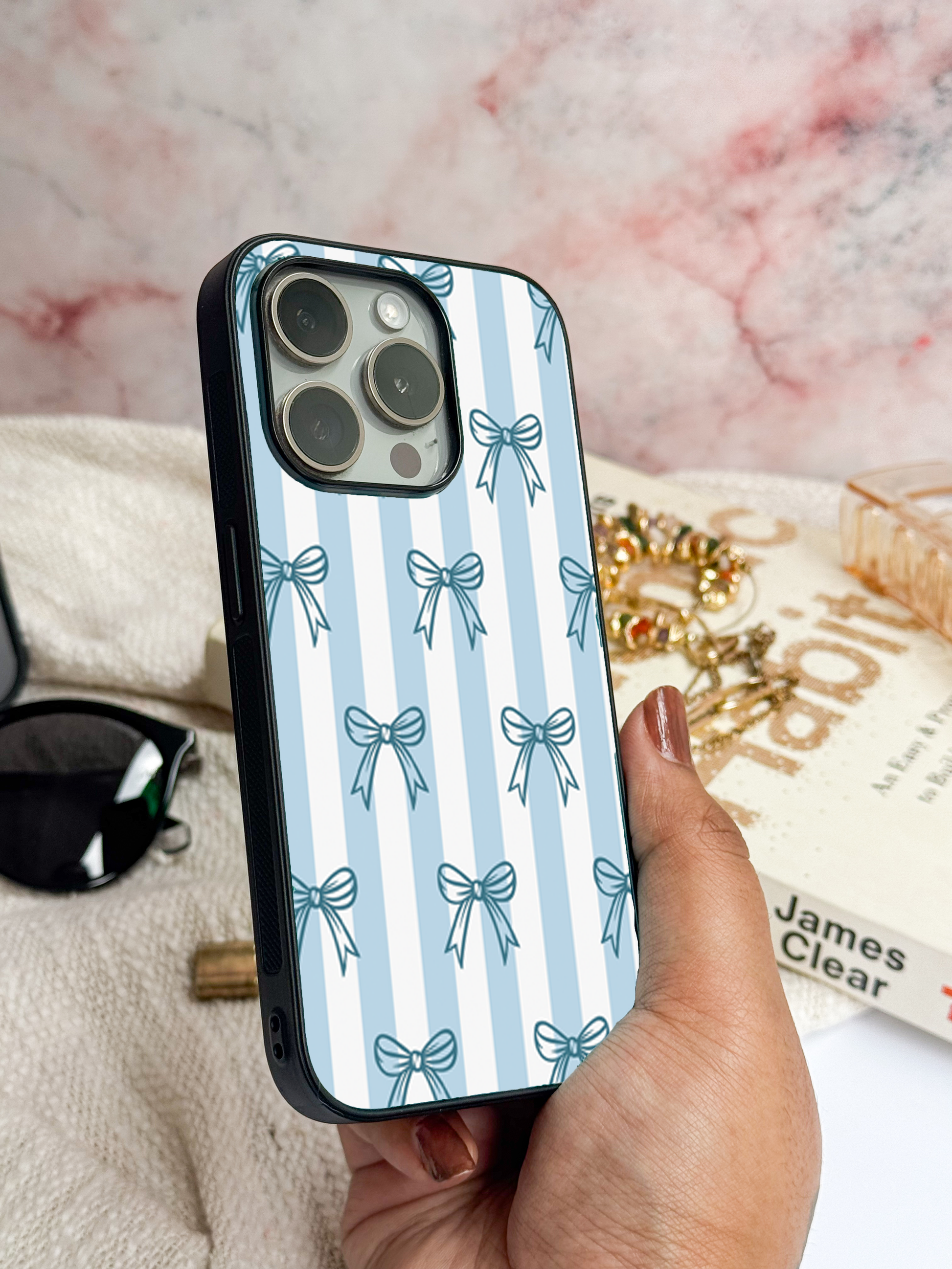 Stripy Blue Bows Premium Glass Back Cover For iPhone 11,12,13,14,15,16,17 Models The Case & Co