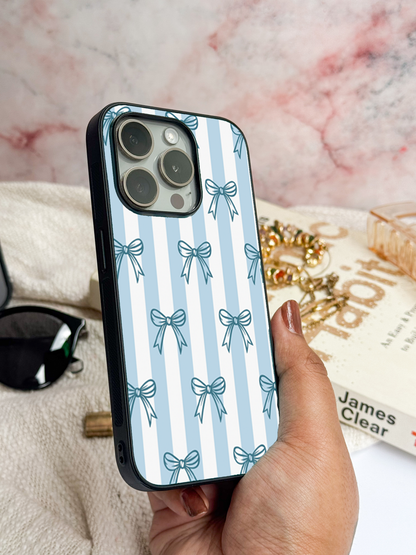 Stripy Blue Bows Premium Glass Back Cover For iPhone 11,12,13,14,15,16,17 Models The Case & Co