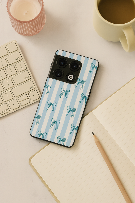 Stripy Blue Bows Premium Glass Back Cover For One Plus 13, 12, 11, 10, Nord Series The Case & Co