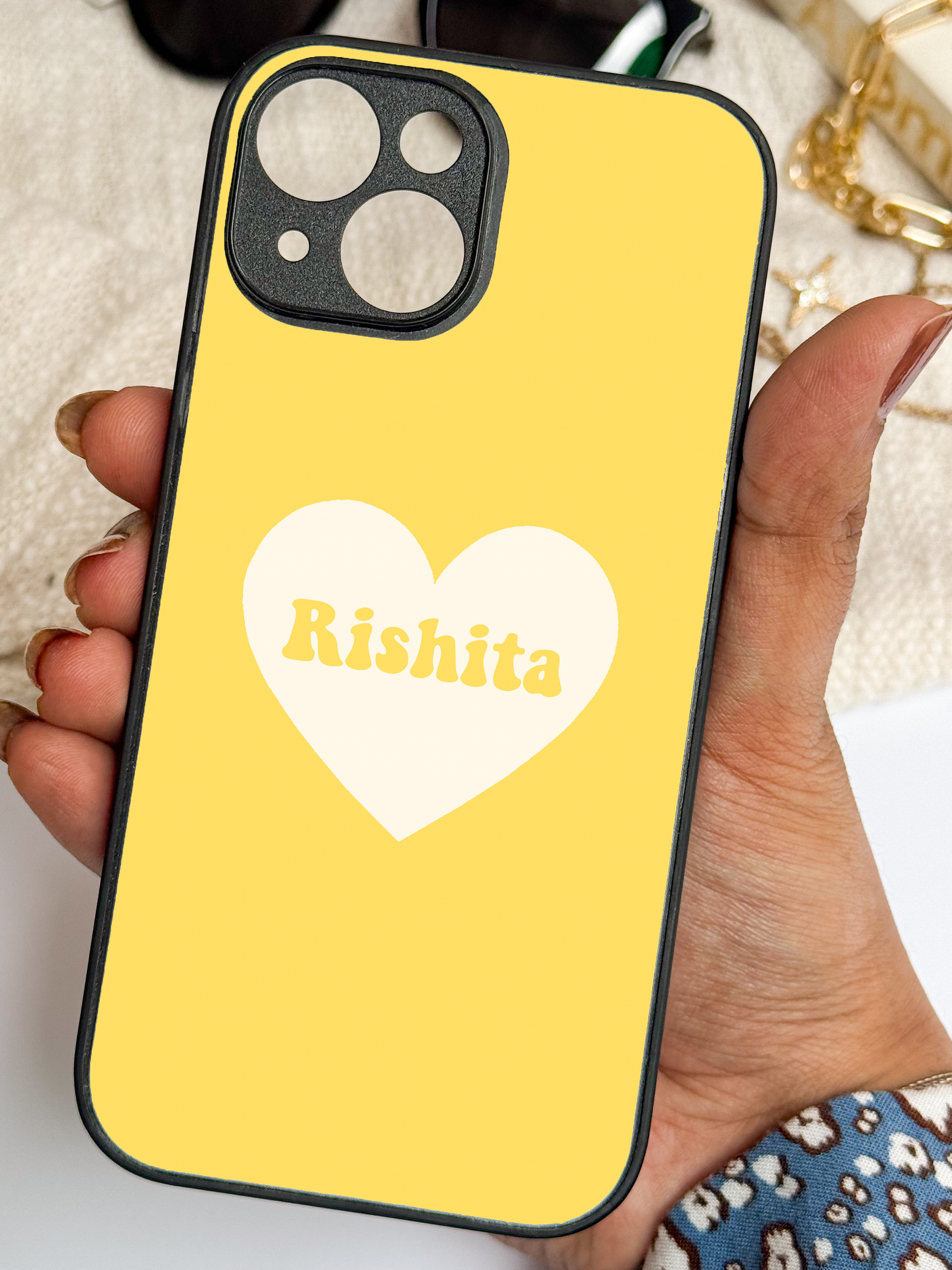 Sunny Heart Personalised Name Premium Glass Back Cover For iPhone 11,12,13,14,15,16,17 Models The Case & Co