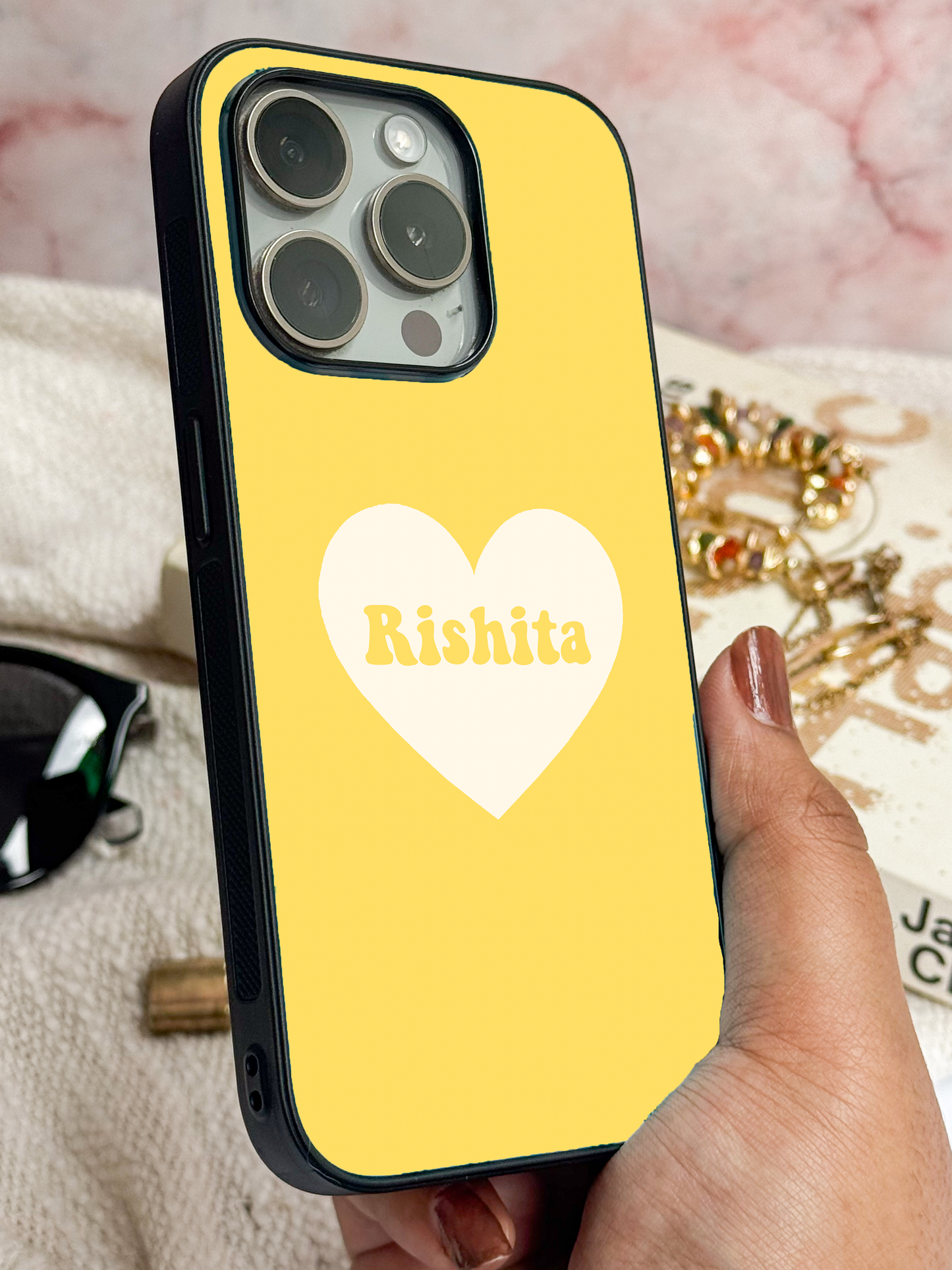 Sunny Heart Personalised Name Premium Glass Back Cover For iPhone 11,12,13,14,15,16,17 Models The Case & Co