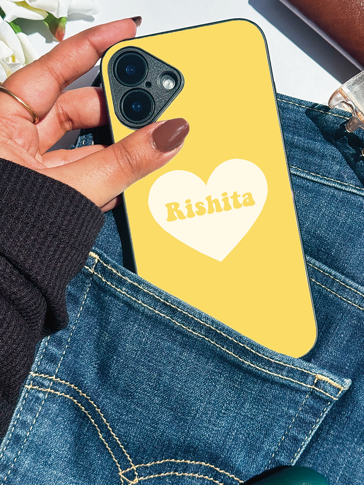 Sunny Heart Personalised Name Premium Glass Back Cover For iPhone 11,12,13,14,15,16,17 Models The Case & Co