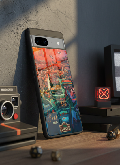 STRANGER THINGS- Hawkins Cinematic Map Premium Glass Back Cover For Google Pixel 7,8,9,10 Series