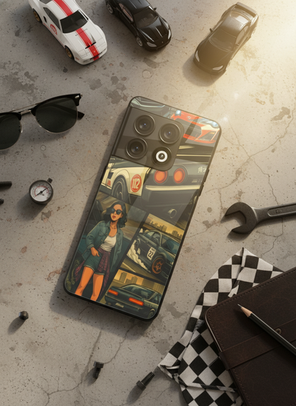 Drag Cars Premium Glass Back Cover For One Plus 13, 12, 11, 10, Nord Series