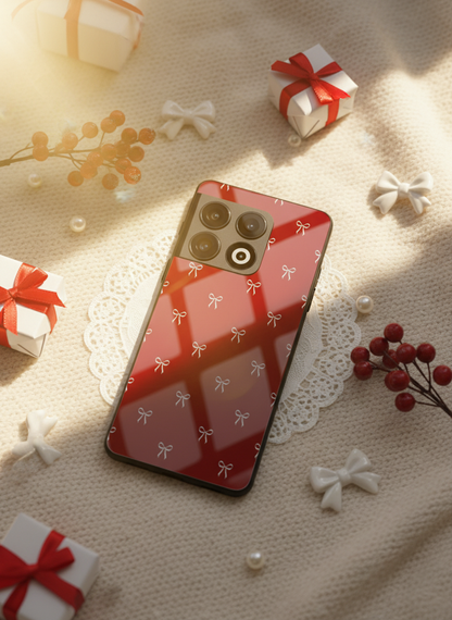 Red Bow Beaut Premium Glass Back Cover For One Plus 13, 12, 11, 10, Nord Series