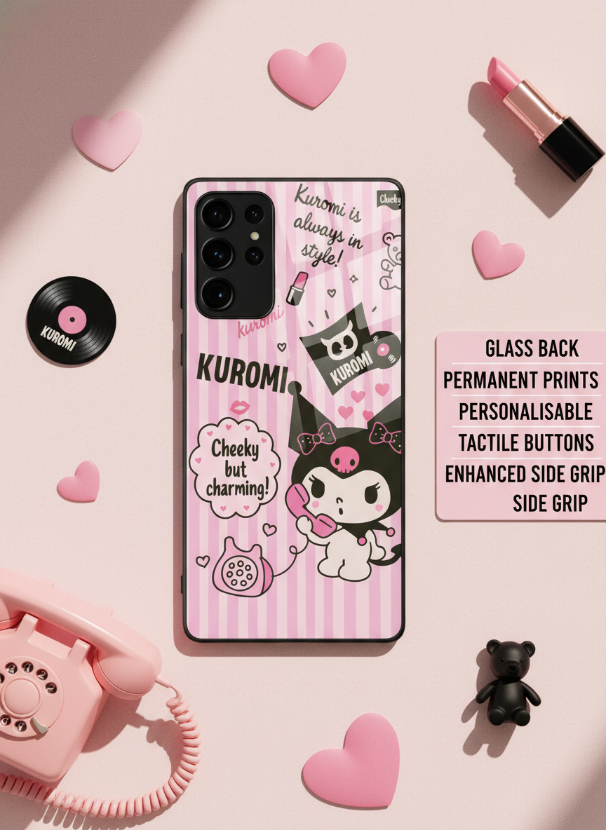 Kuromi Cat Premium Glass Back Cover For Galaxy S, A, M & F Series