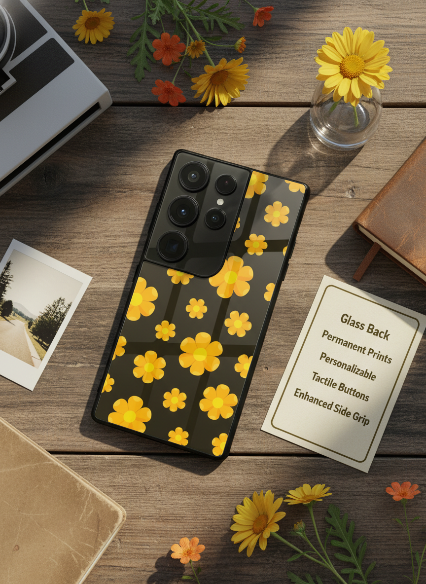 Daisy Yellow Premium Glass Back Cover For Galaxy S, A, M & F Series