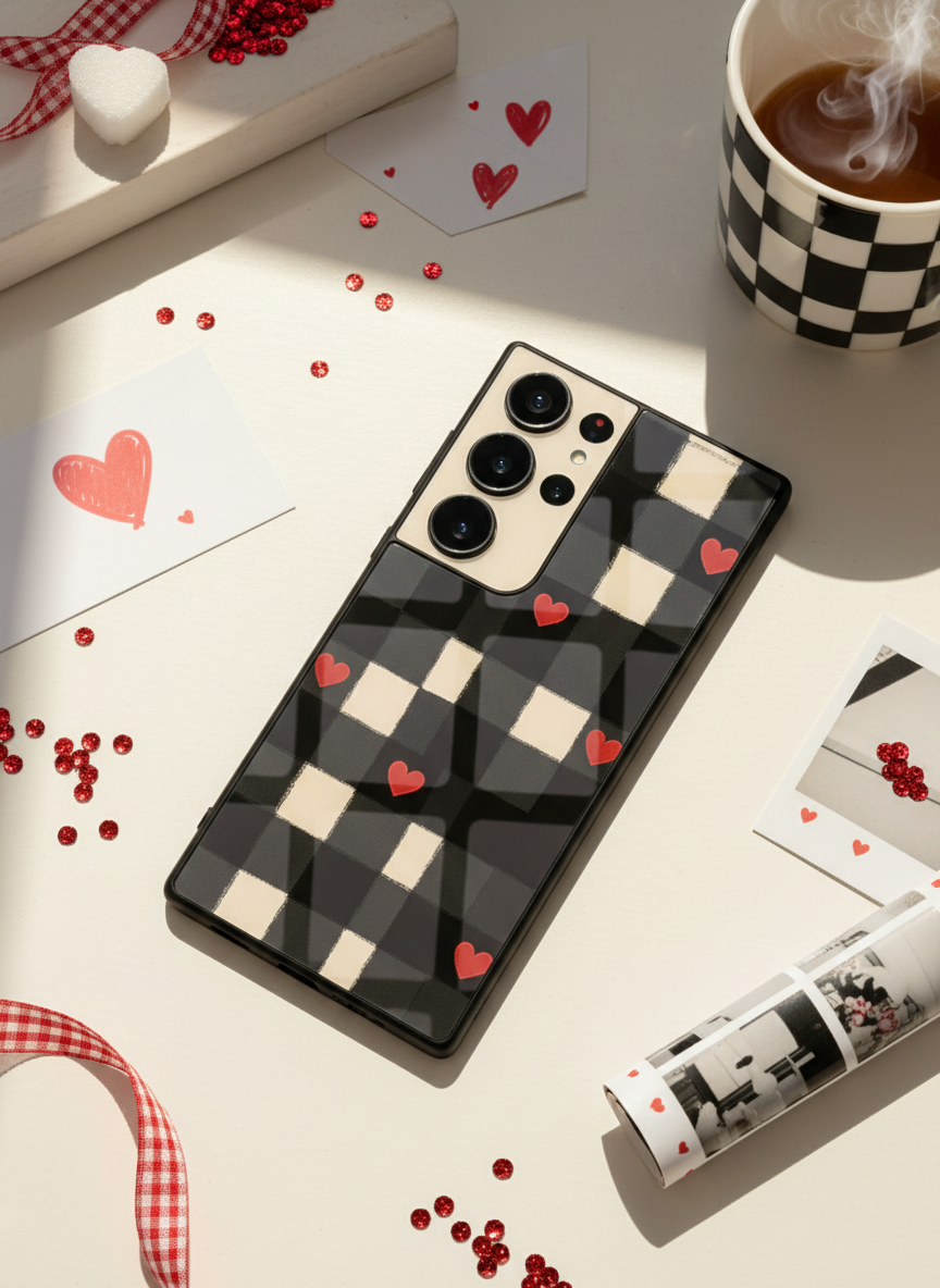 Checkered Hearts Premium Glass Back Cover For Galaxy S, A, M & F Series