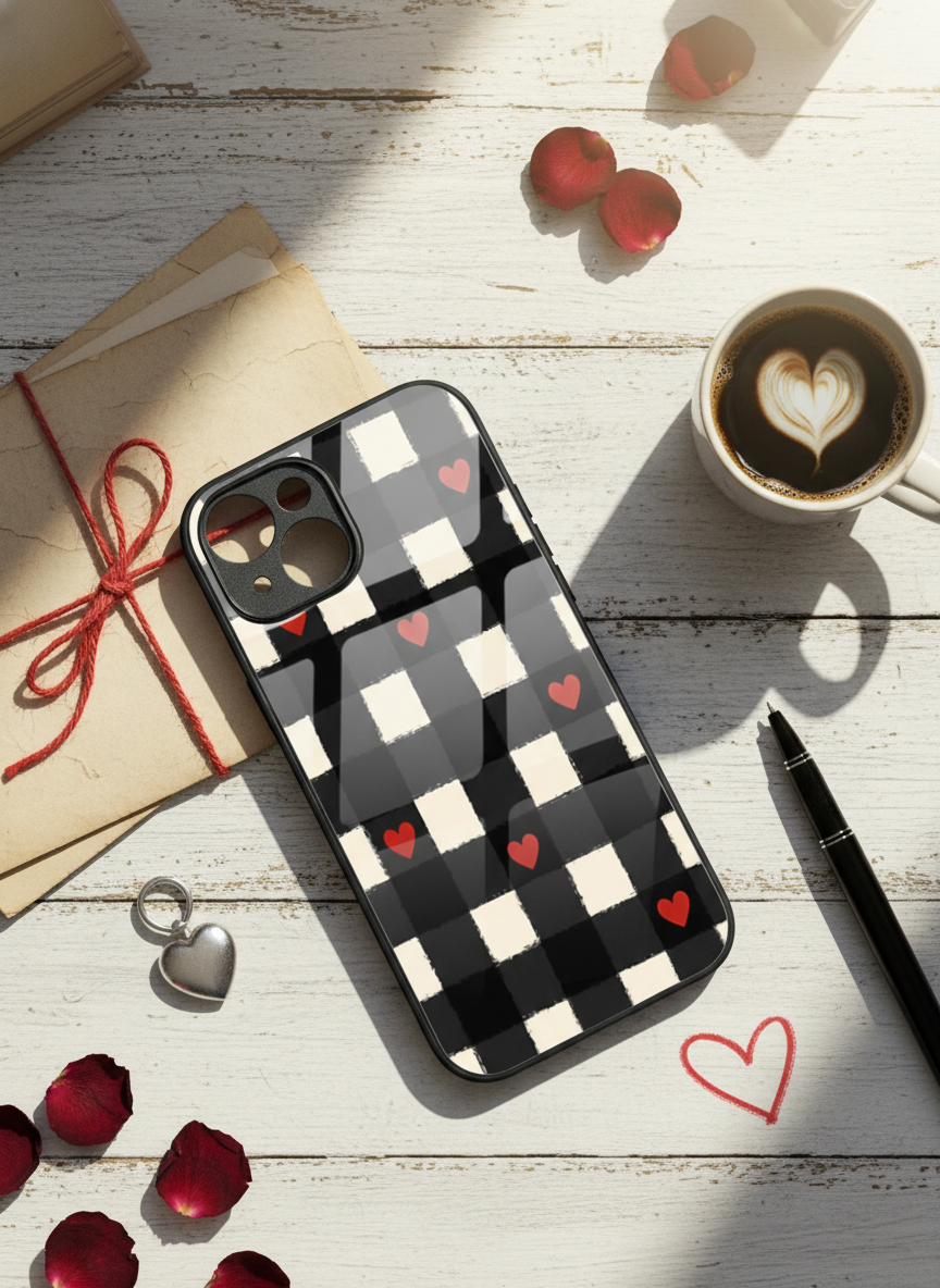 Checkered Hearts Premium Glass Back Cover For iPhone 11-17 Models