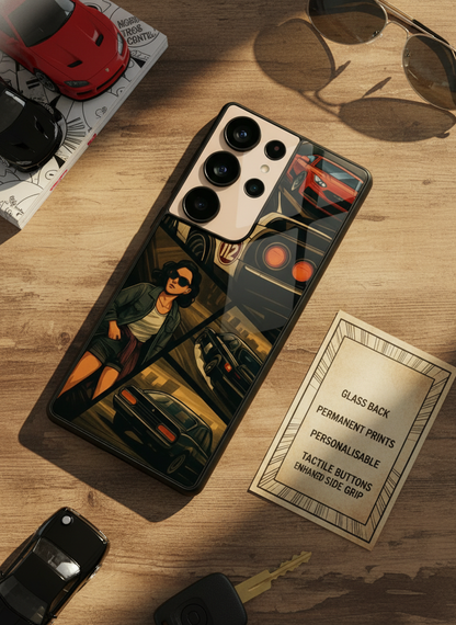 Drag Cars Premium Glass Back Cover For Galaxy S, A, M & F Series