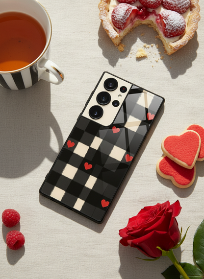 Checkered Hearts Premium Glass Back Cover For Galaxy S, A, M & F Series